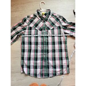 Adidas plaid western style button up shirt pink green black neo label
